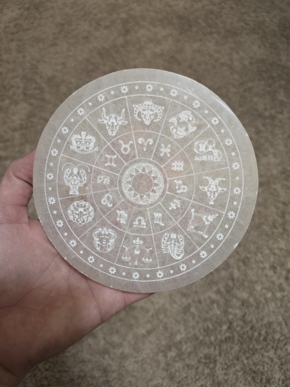 6" Selenite Crystal Zodiac Wheel Charging Plate Altar Decor - Picture 1 of 10